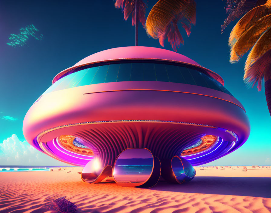 Futuristic UFO-like structure on sandy beach with palm trees and pink sky