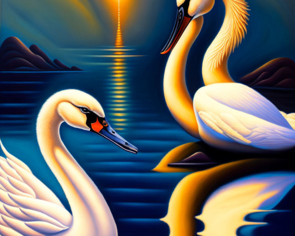 Elegant swans on reflective blue water at sunset