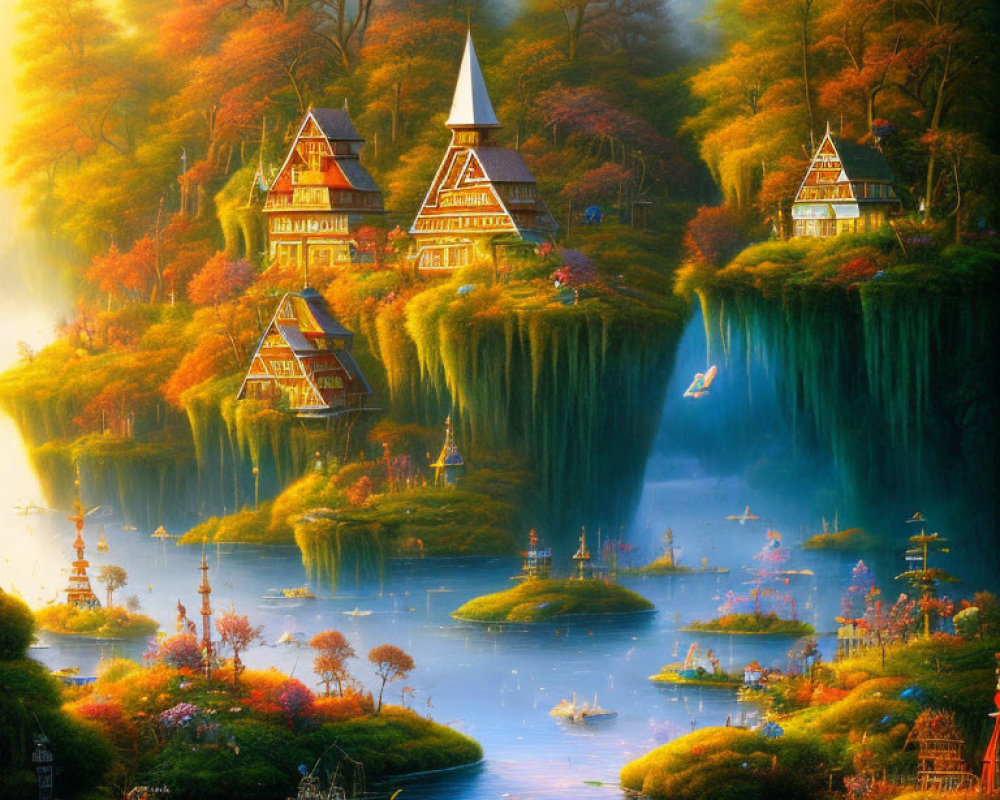 Colorful Fantasy Landscape with Waterfalls, Forests, and Cliff Houses