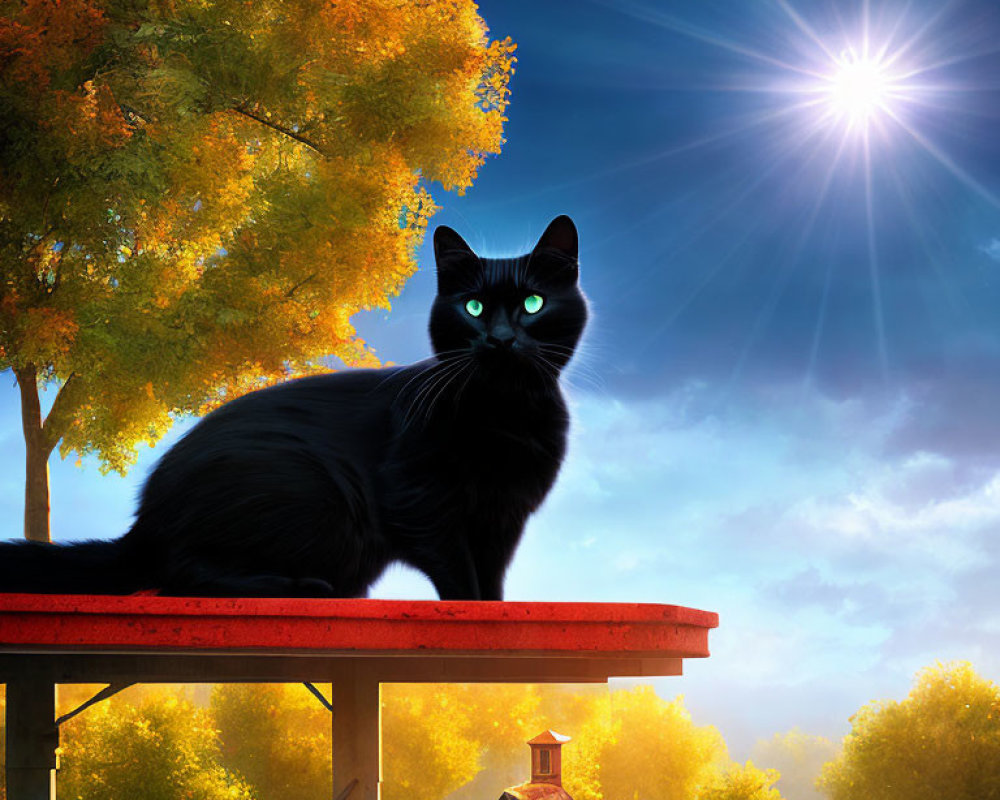 Black Cat with Green Eyes on Red Structure with Autumn Trees and Sun