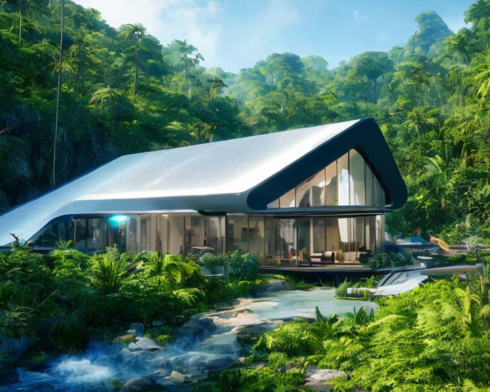 Modern house with curved roof in lush jungle near clear stream