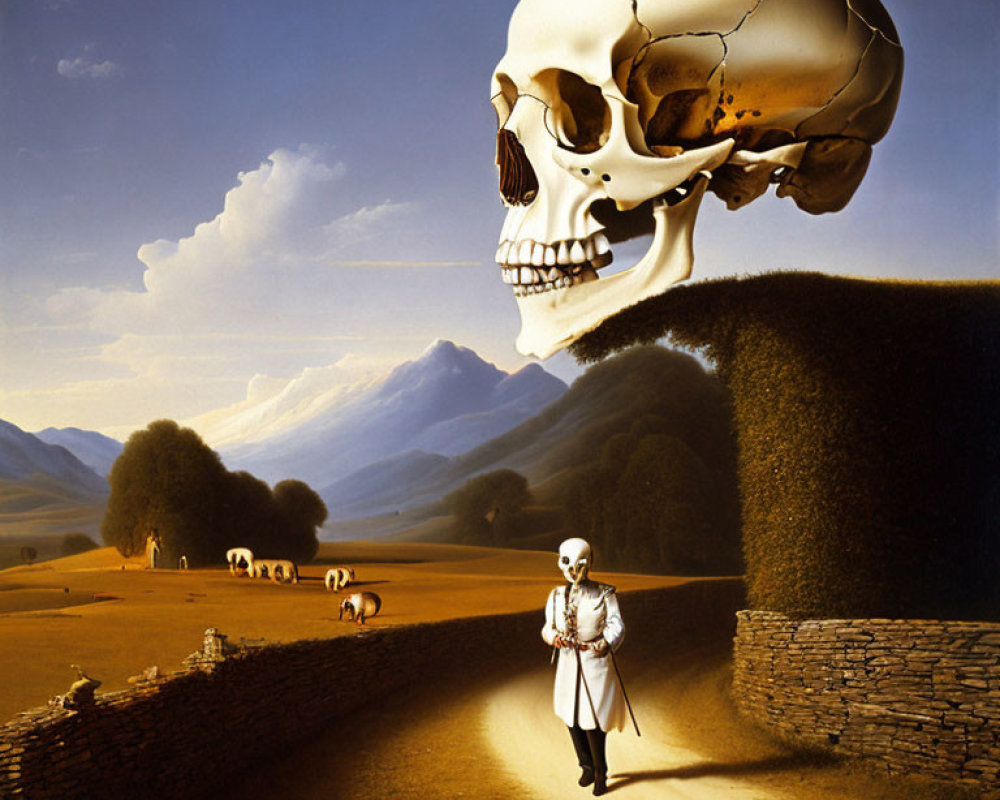 Surreal landscape with oversized skull, small figure, cows, and mountains