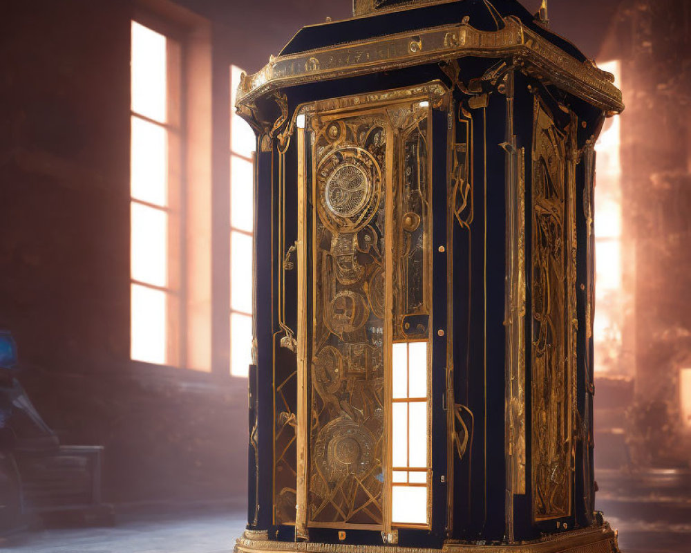 Vintage-style elevator with gold details in dim room