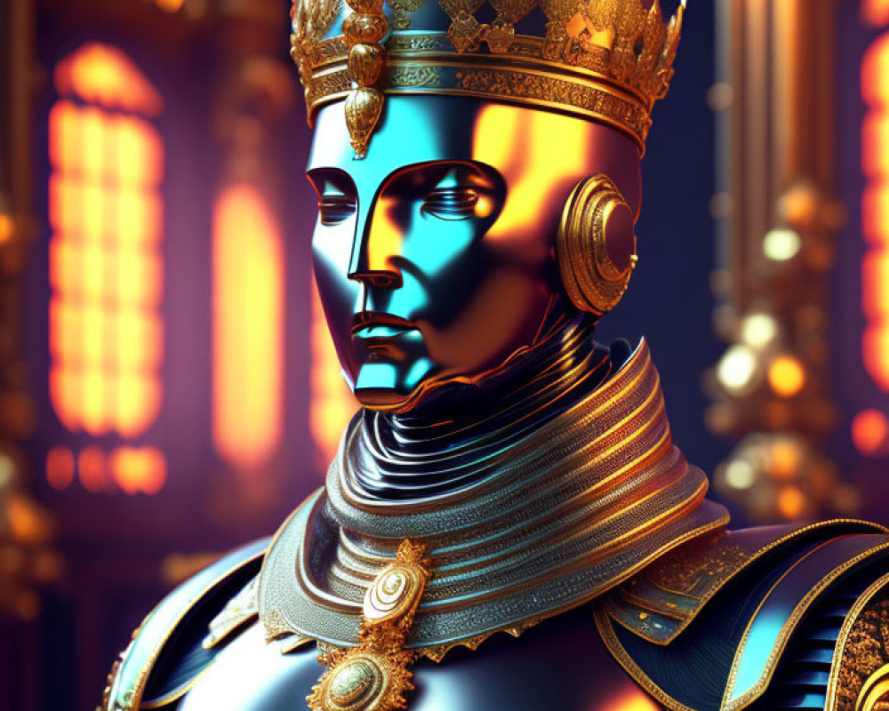 Golden Armored Figure with Crown in Futuristic Grand Hall