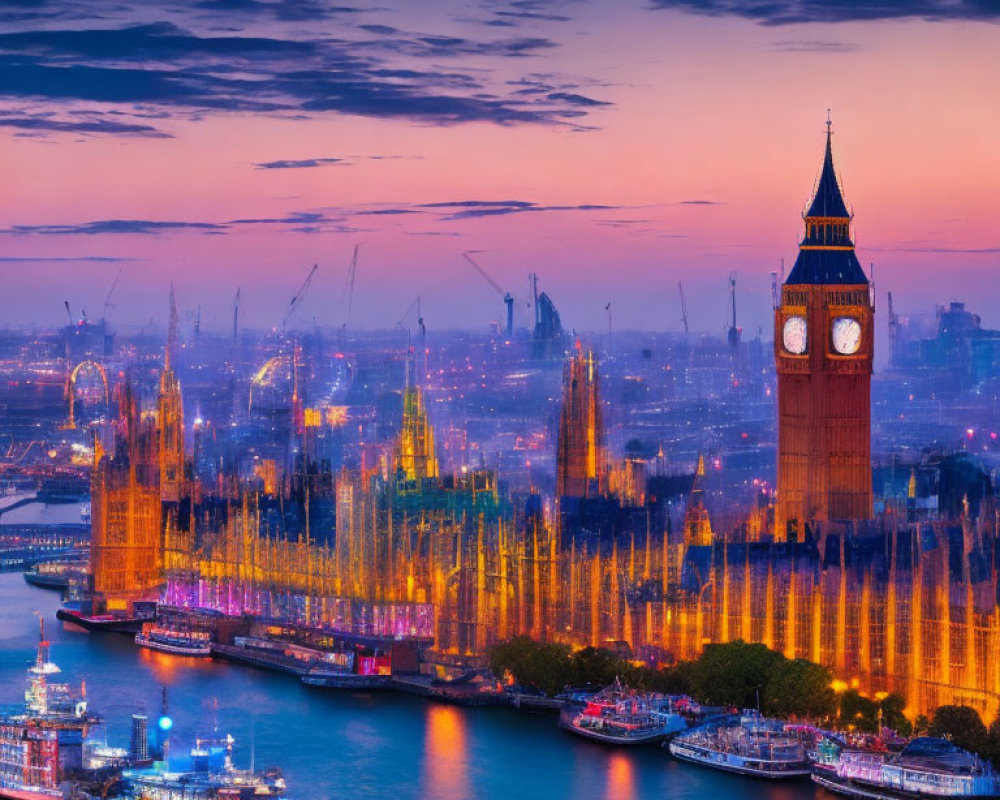 London's Thames River and Houses of Parliament at Dusk with Big Ben and Sunset Sky