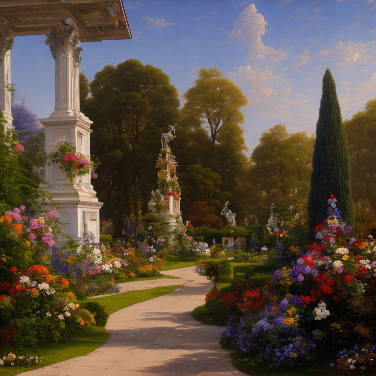 Tranquil garden scene with vibrant flowers, statues, path, and classical architecture.