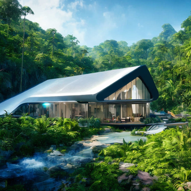 Modern house with curved roof in lush jungle near clear stream