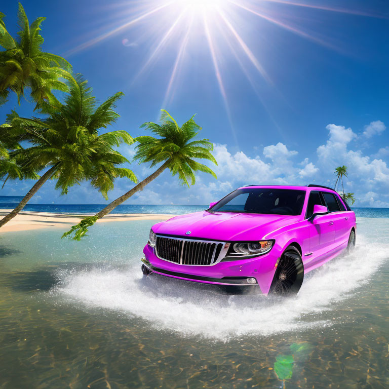 Pink Car Driving Through Shallow Ocean Water Near Sandy Beach with Palm Trees