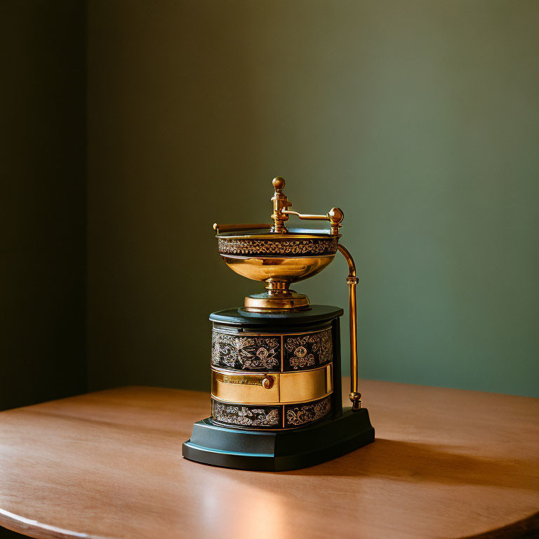 Vintage Ornate Coffee Grinder on Wooden Table with Green Wall