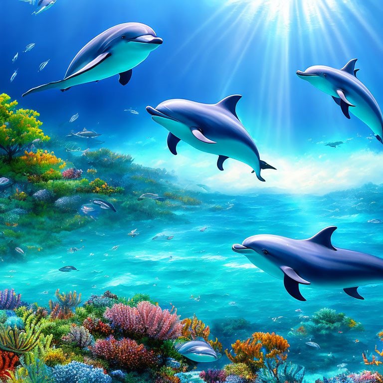 Colorful Dolphins Swimming in Sunlit Coral Reef