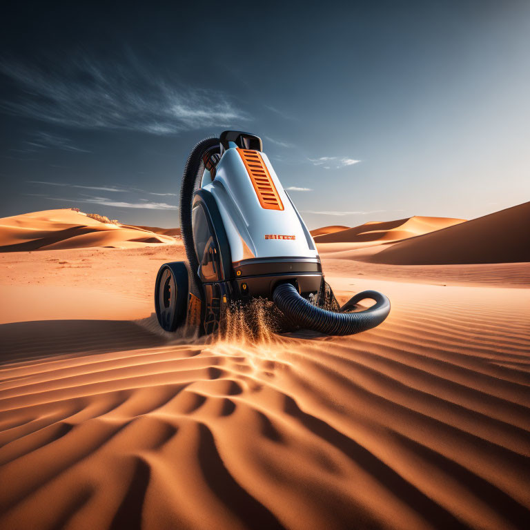 Autonomous futuristic vacuum cleaner in desert landscape.