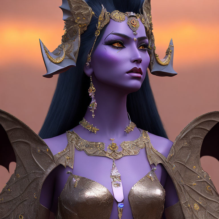 Fantasy character with purple skin and golden headgear on orange backdrop.