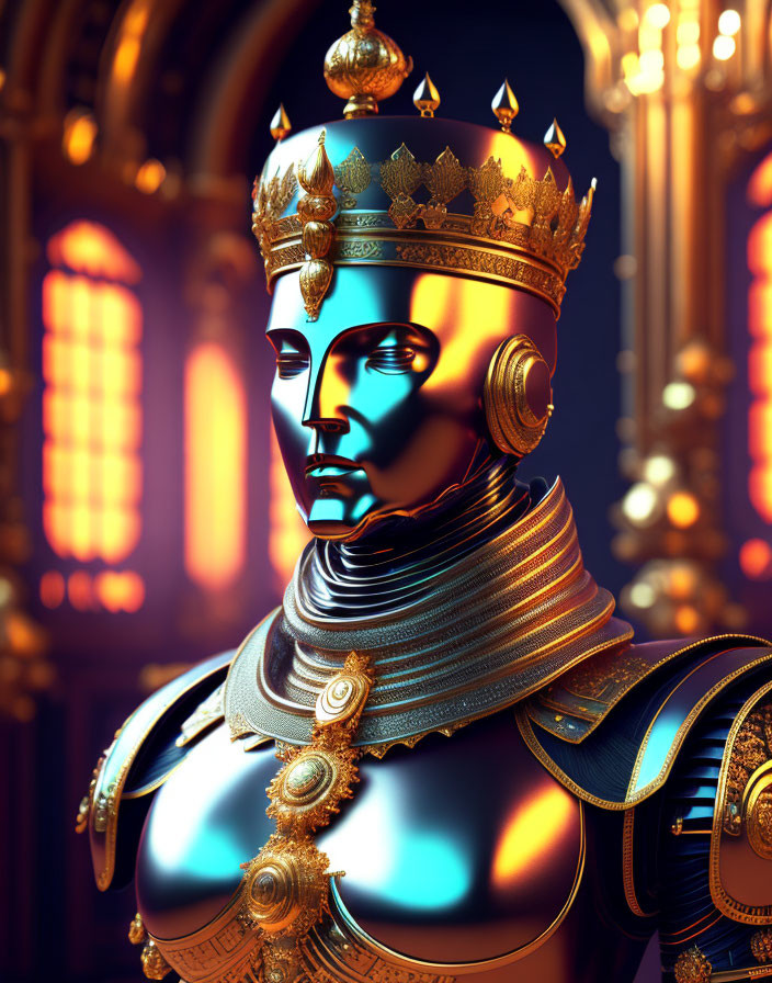 Golden Armored Figure with Crown in Futuristic Grand Hall