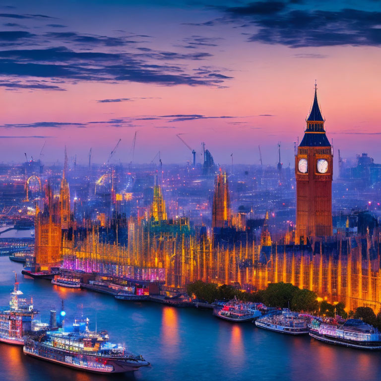 London's Thames River and Houses of Parliament at Dusk with Big Ben and Sunset Sky