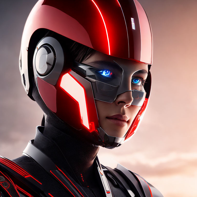 Futuristic person in red helmet with blue eyes and high-tech suit