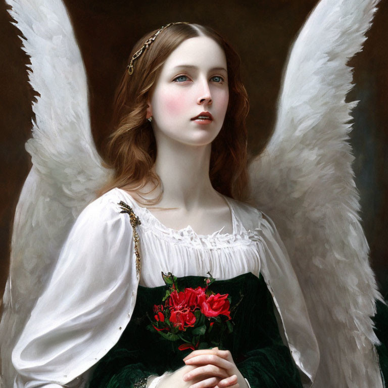 Young woman with angel wings in white blouse and green corset, holding red roses