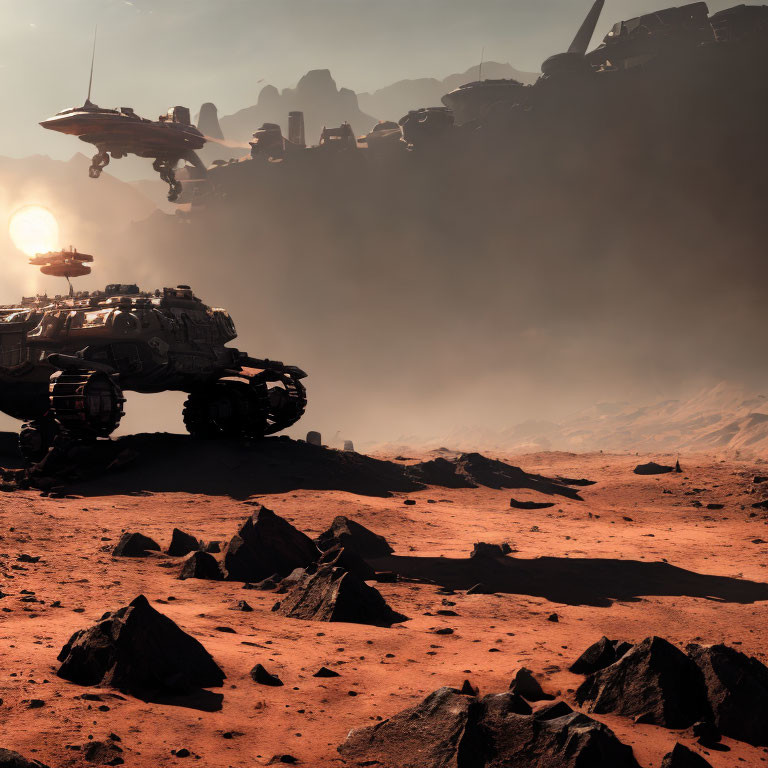 Futuristic armored vehicle on rocky Martian landscape with spacecraft near colony