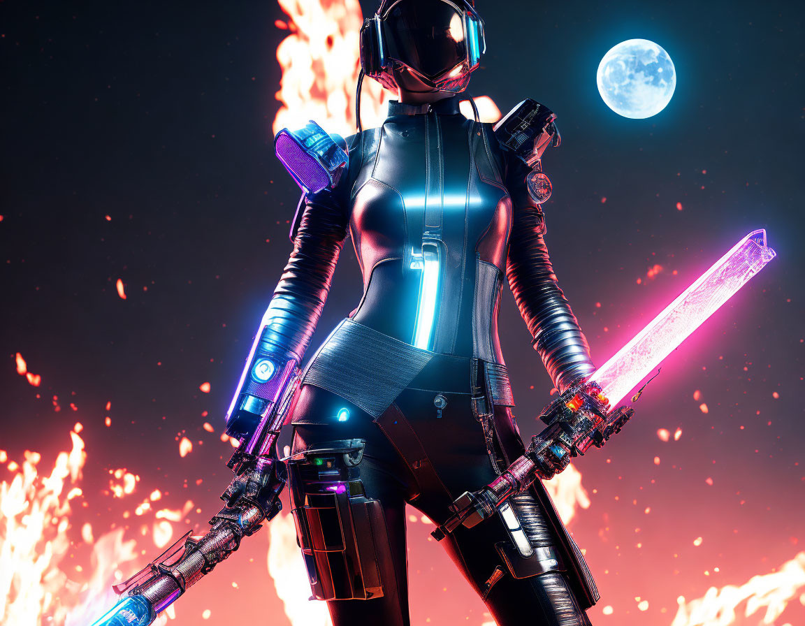 Futuristic female warrior in black armor with pink sword in flames at night