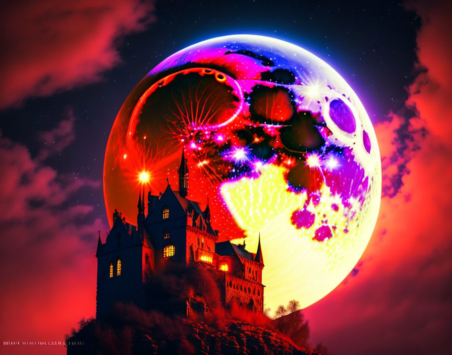 Castle silhouette with oversized colorful moon in psychedelic sky