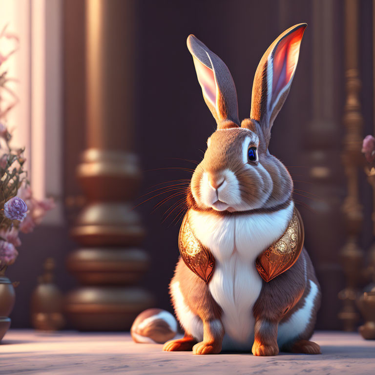 Detailed 3D-animated rabbit with elegant shoulder armor in classical room