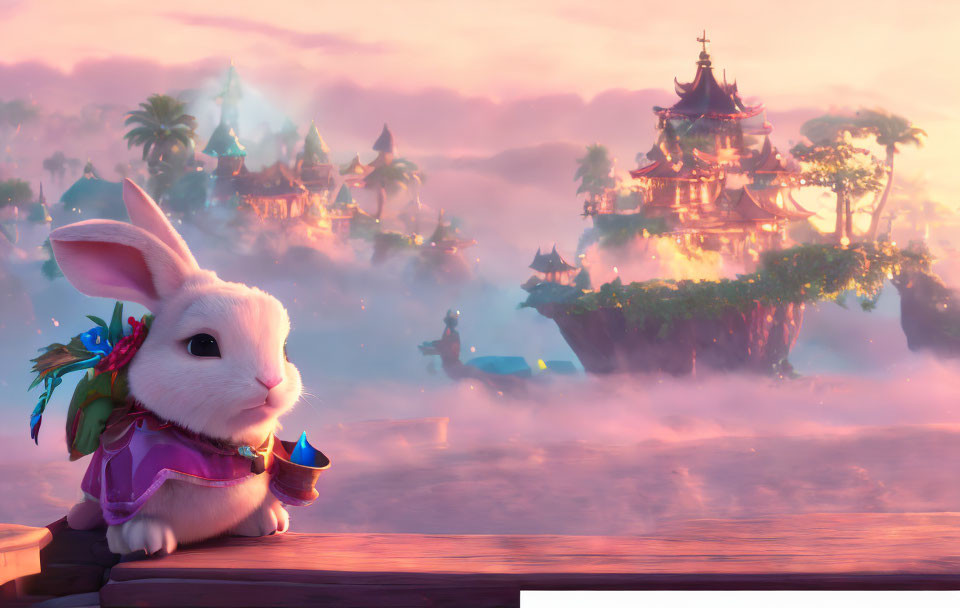 Animated rabbit in purple cloak with blue candy in mystical oriental sunset vista