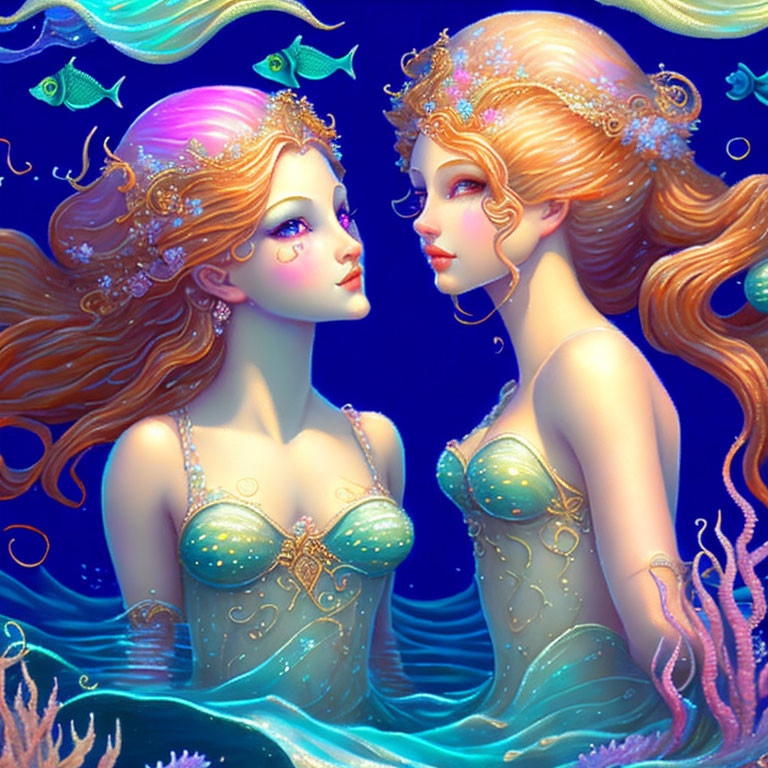 Opalescent-haired mermaids in jeweled tops on deep blue sea-life backdrop