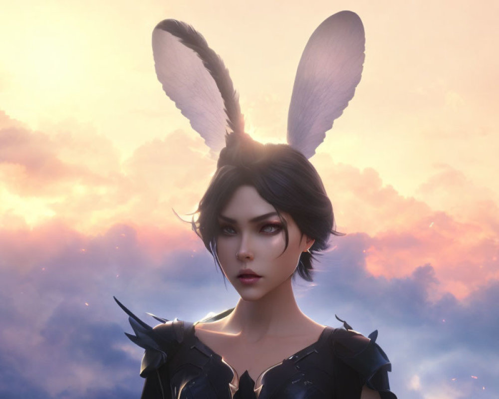 Digital artwork of woman with bunny ears in black armor under pink and orange dusk sky