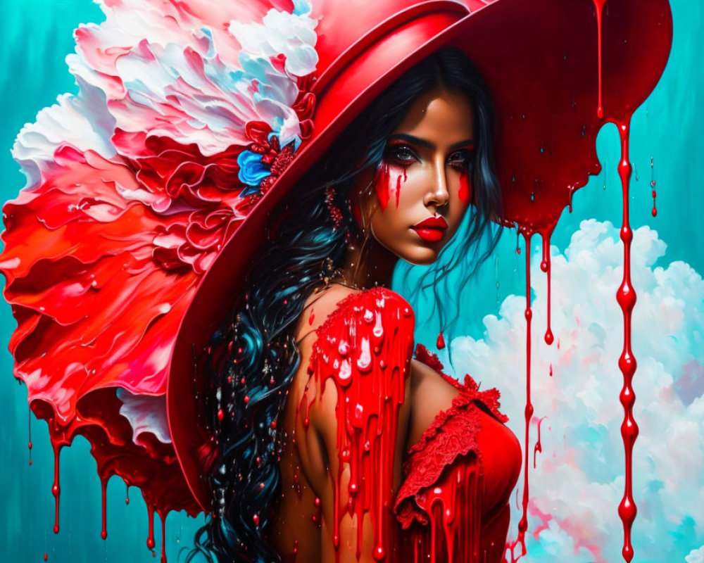 Vivid digital artwork: Woman with blue eyes, melting red attire, liquid effects, turquoise background