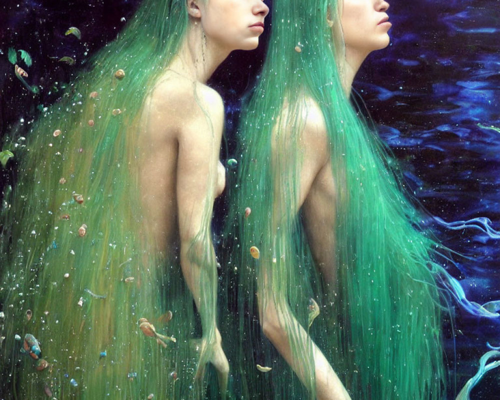 Long Green Hair Resembling Underwater Creatures in Dark Aquatic Setting