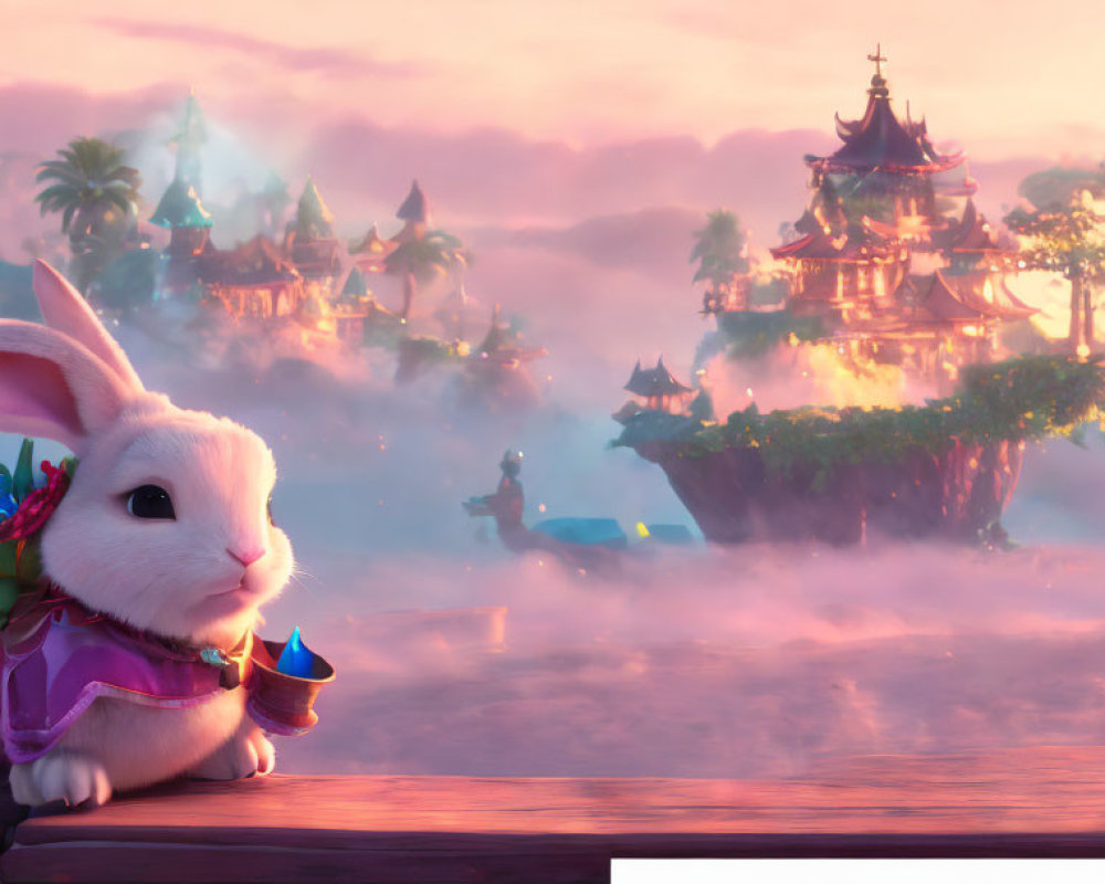 Animated rabbit in purple cloak with blue candy in mystical oriental sunset vista