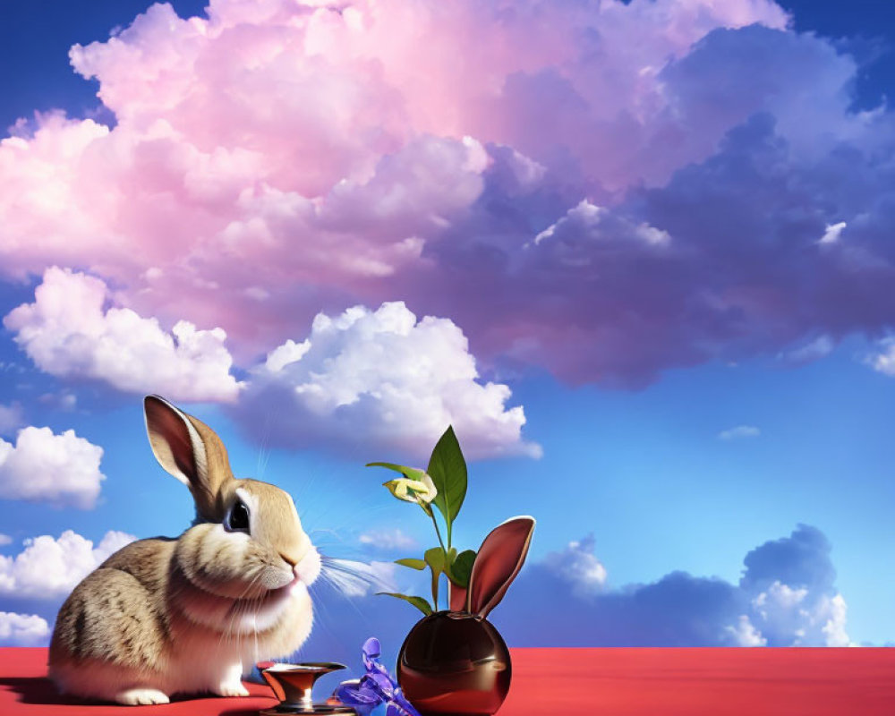 Rabbit with chocolate pot, plant, and eggshell under blue sky