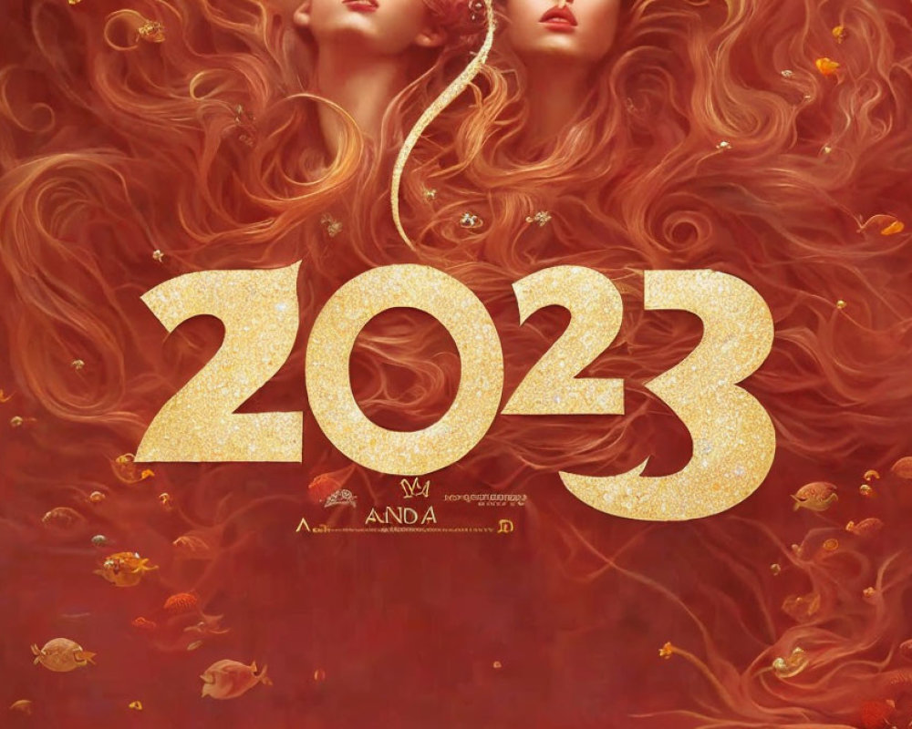 Artistic Image: "Gold Glitter Number '2023' with Red Hair, Goldfish,