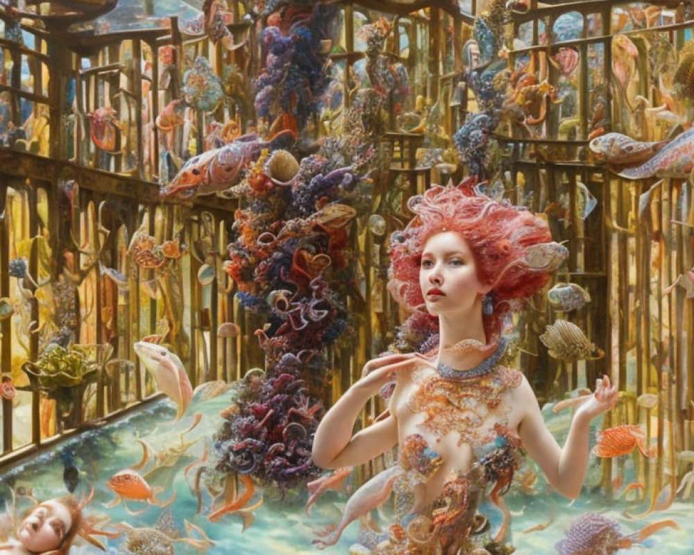 Vibrant underwater scene with woman, coral hair, sea creatures, and marine life.