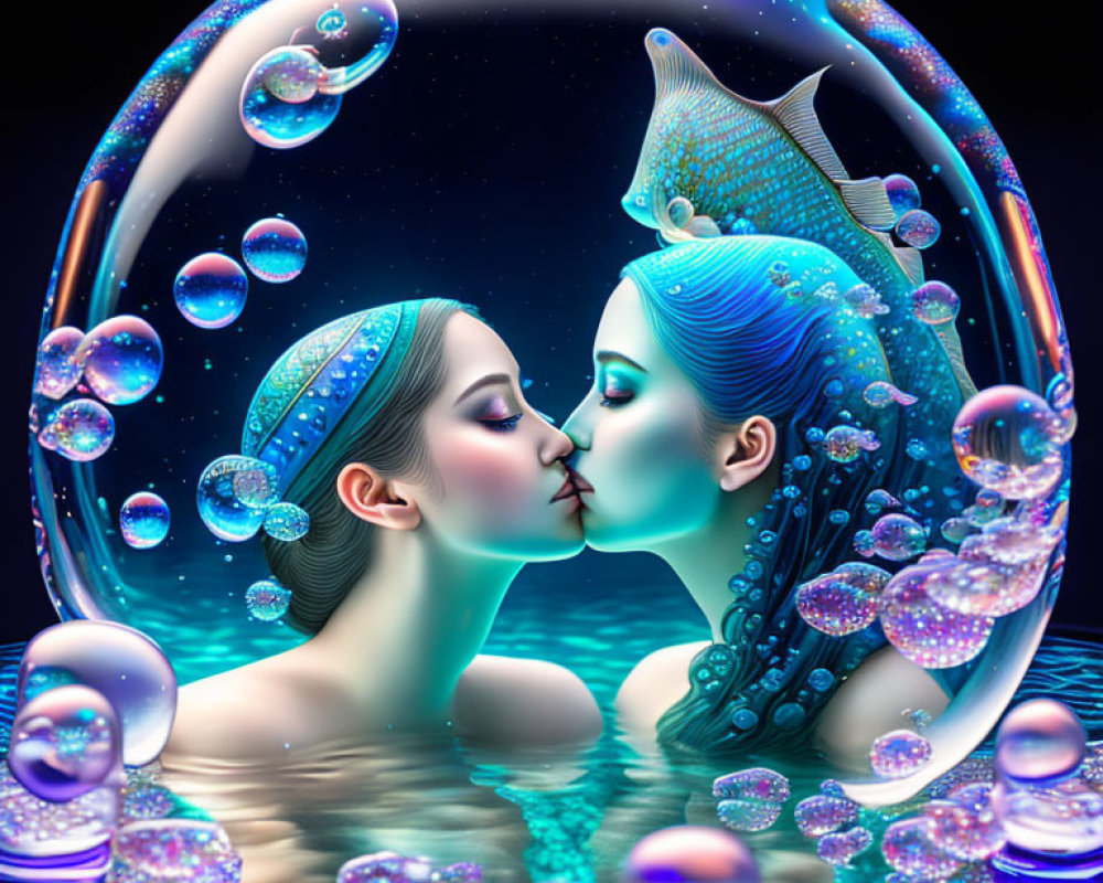 Stylized female figures kissing in bubble with fish and stars