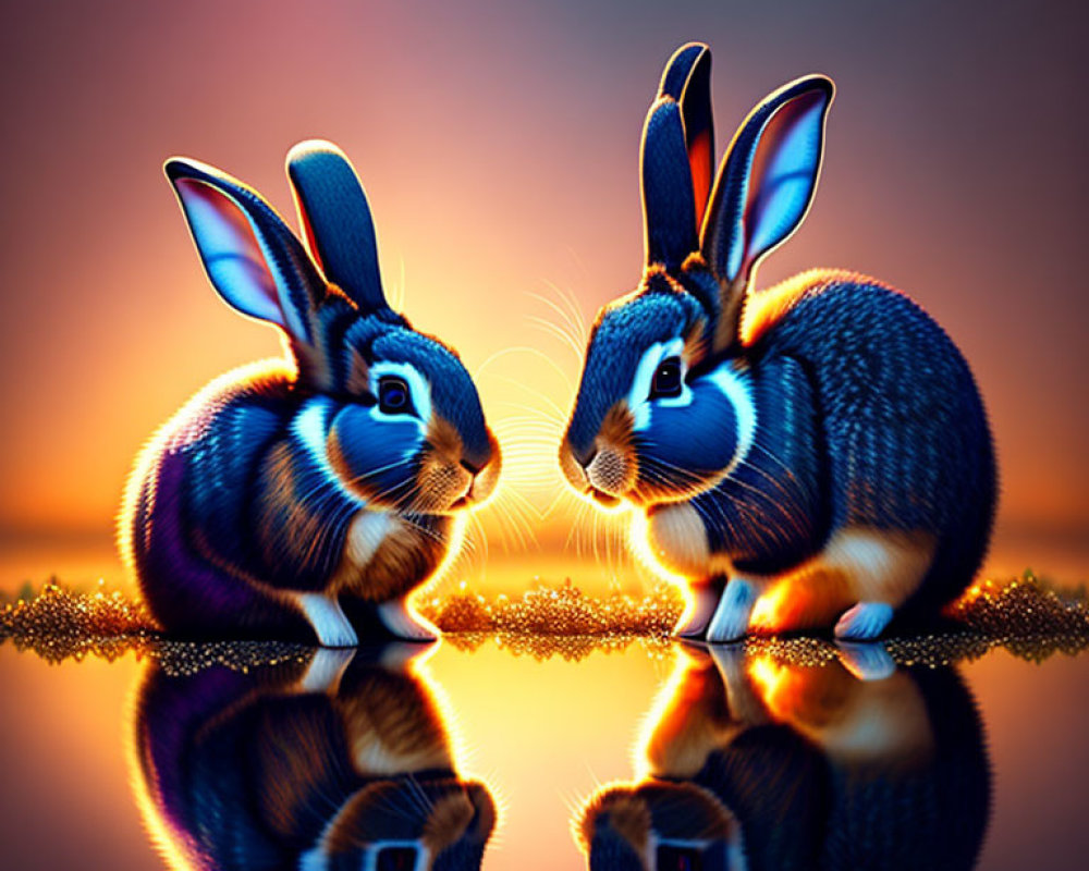 Vibrant illuminated rabbits on glossy surface, orange backdrop