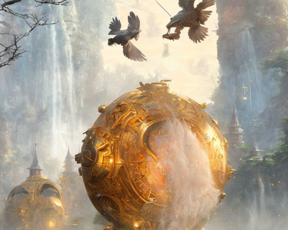 Golden sphere emitting light and smoke in lush landscape