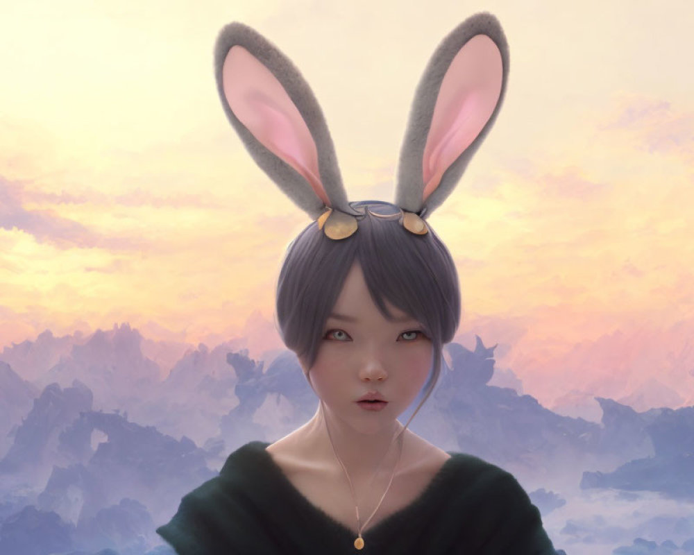 Woman with Bunny Ears and Glasses in Green Top at Dawn/Dusk Sky