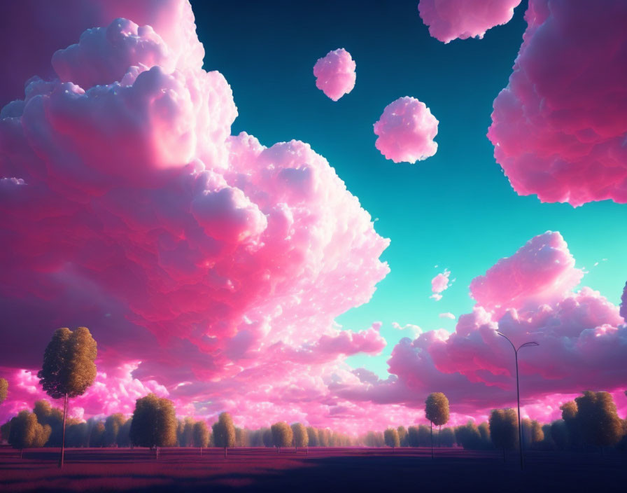 Vibrant pink clouds over tree-lined path in surreal landscape