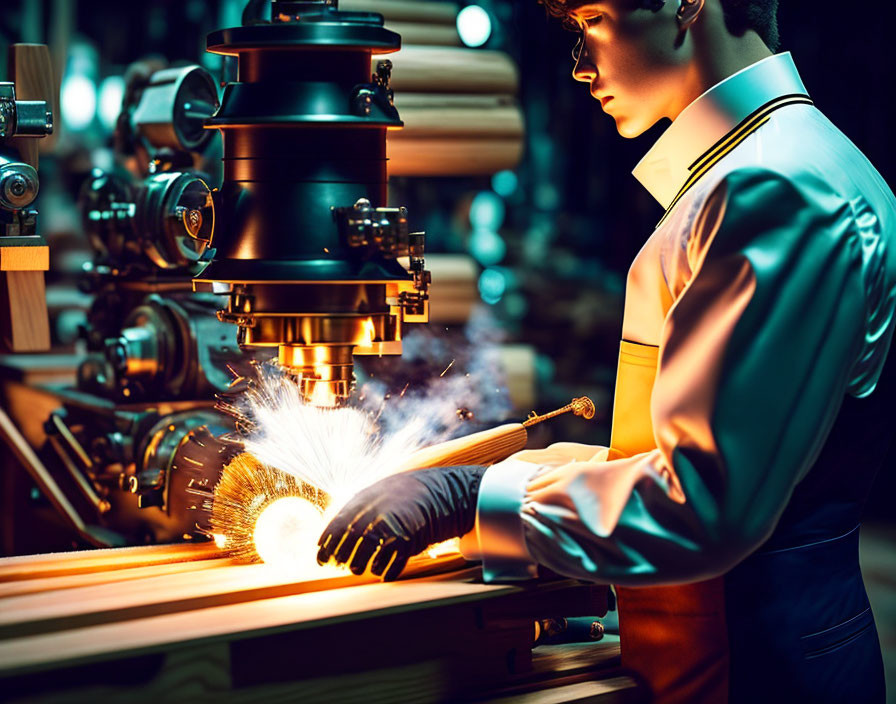 Worker in protective gear using industrial grinding machine on wood, creating sparks in dim workshop