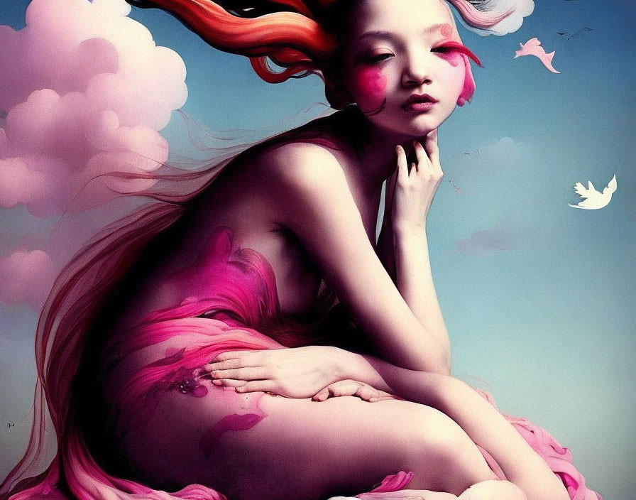 Colorful portrait of a person with pink hair and vibrant makeup against a dreamy sky.