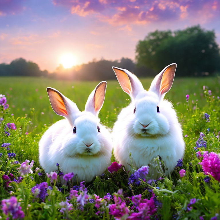 White rabbits with glowing ears in colorful meadow at sunset