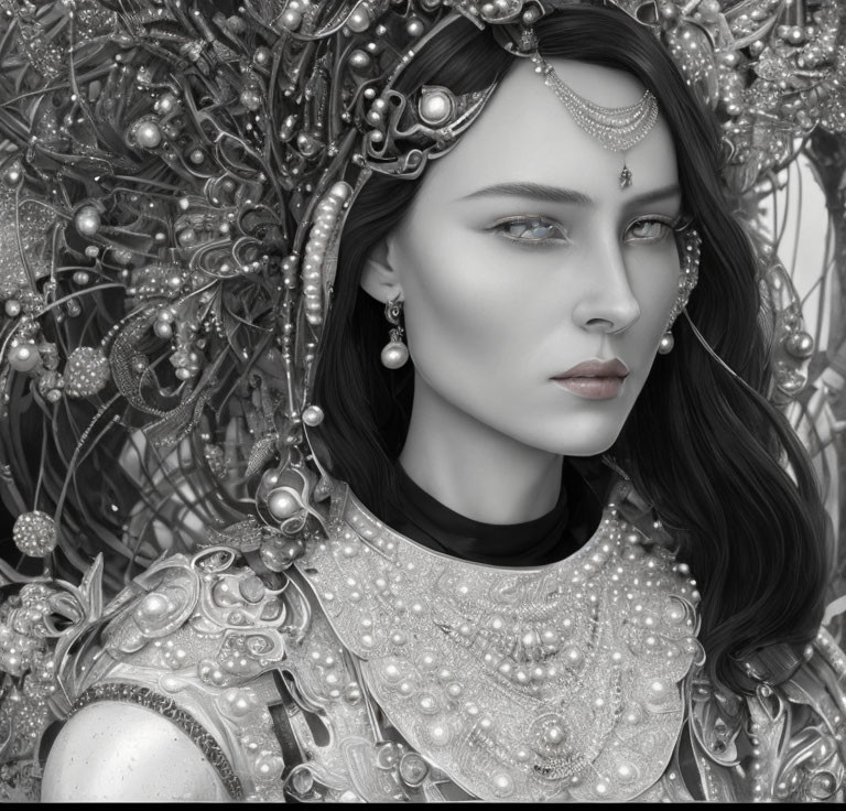 Monochrome image of woman in ornate headdress and armor