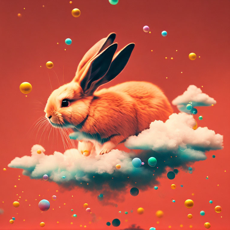 Orange rabbit on fluffy cloud surrounded by colorful spheres in warm-toned setting