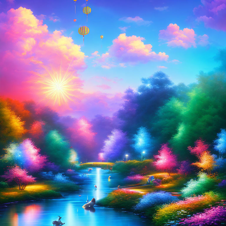 Colorful Landscape with River, Trees, Hot Air Balloons & Sunset