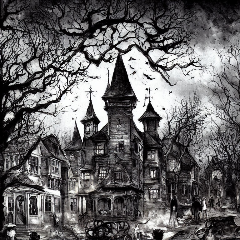 Monochrome Victorian-era village sketch with foreboding mansion, leafless trees, crows, and