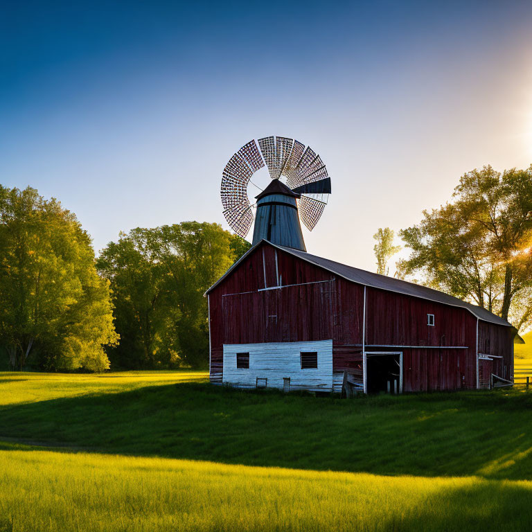 Red barn and windmill in sunny green landscape