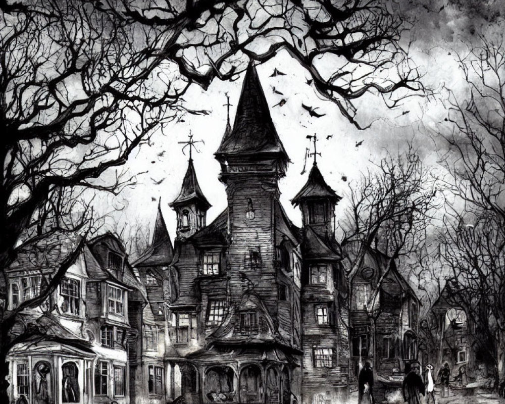 Monochrome Victorian-era village sketch with foreboding mansion, leafless trees, crows, and