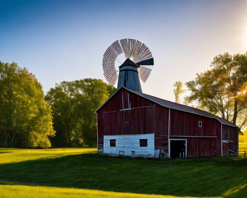 Red barn and windmill in sunny green landscape