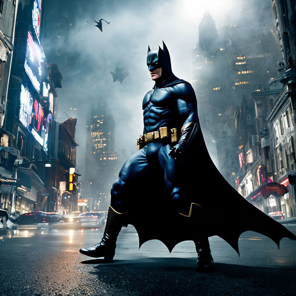 Superhero in dramatic cityscape with iconic costume at dusk