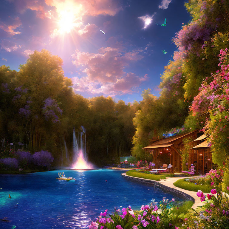 Wooden cabin by vibrant blue pond with fountain, lush trees, flowers, butterflies